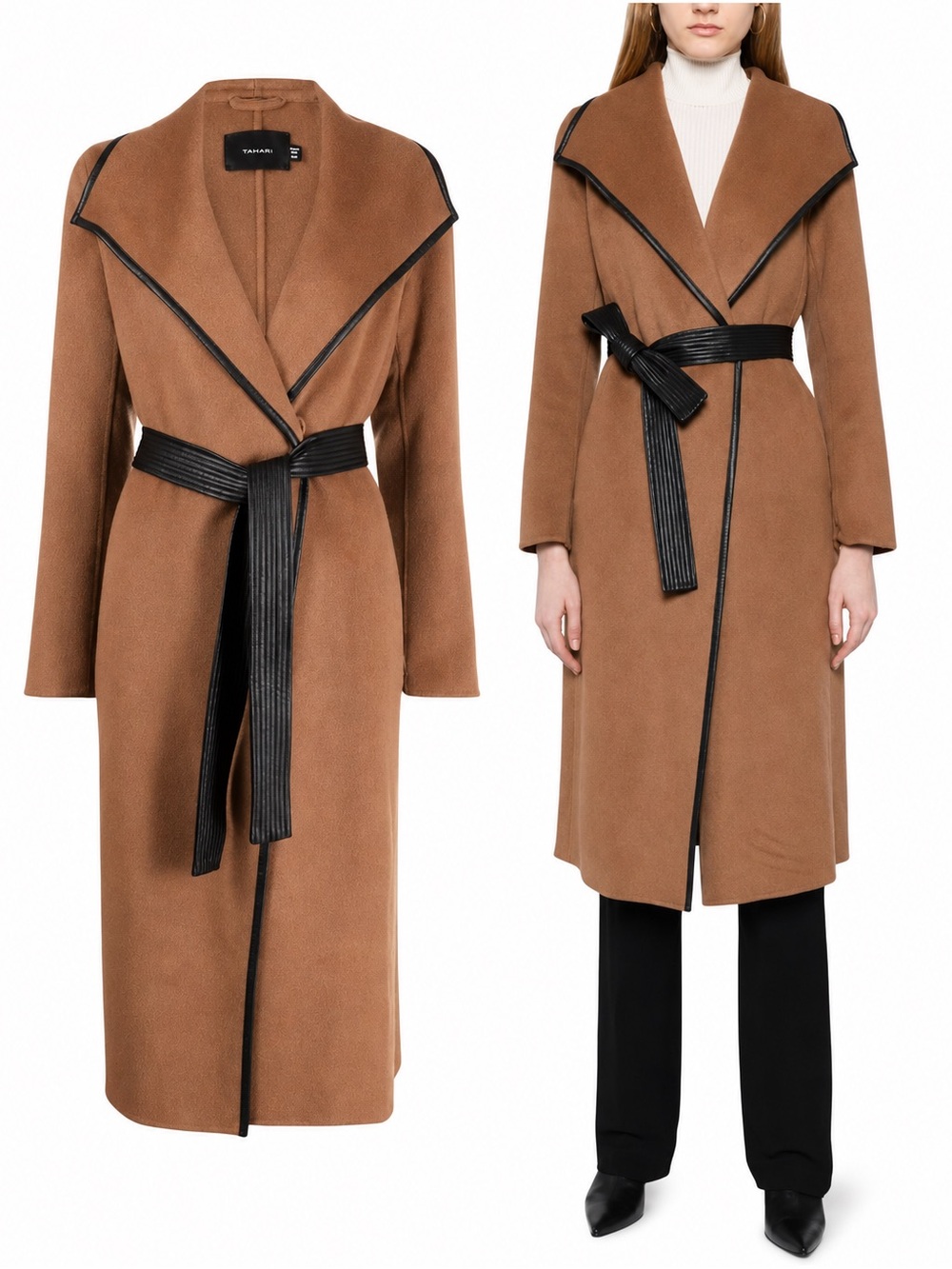 Tahari Wool Blend Faux Leather Trim Belted Coat Caramel Size Medium